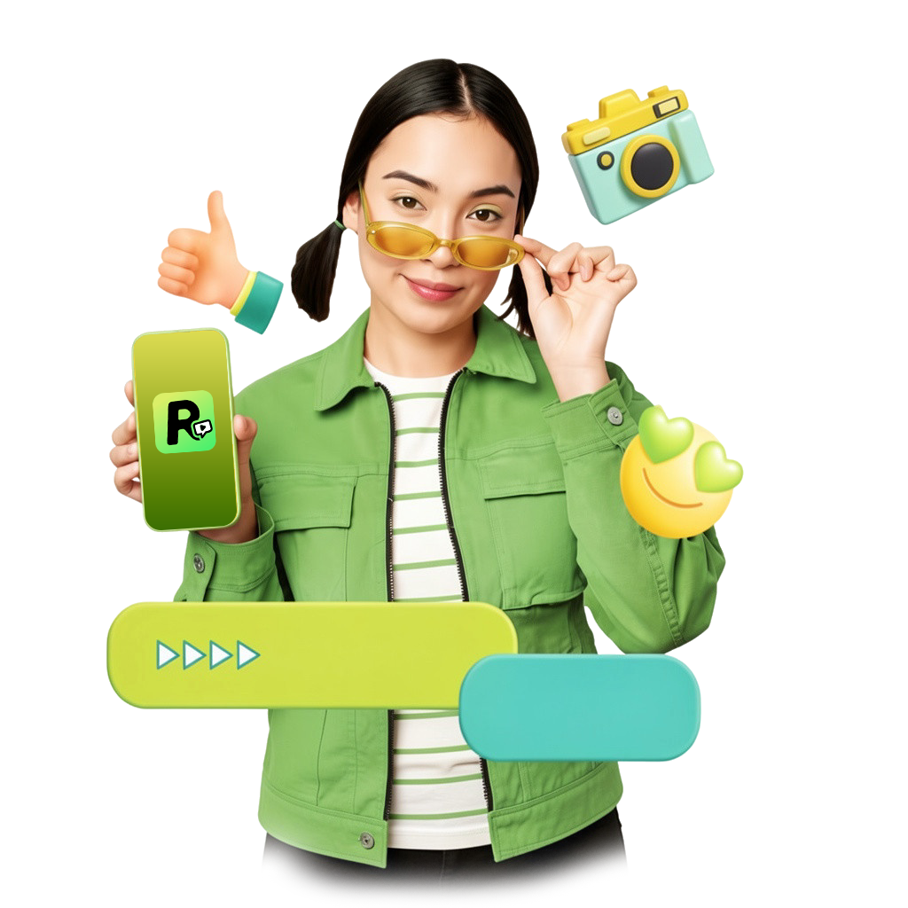 Recho Live host holding a smartphone with the Recho app, surrounded by live streaming icons