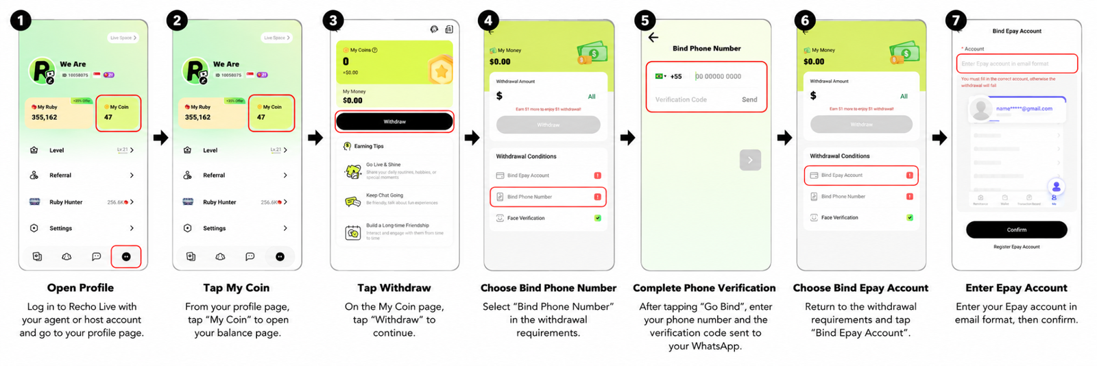 Recho Live withdrawal screen showing My Coin and Withdraw options