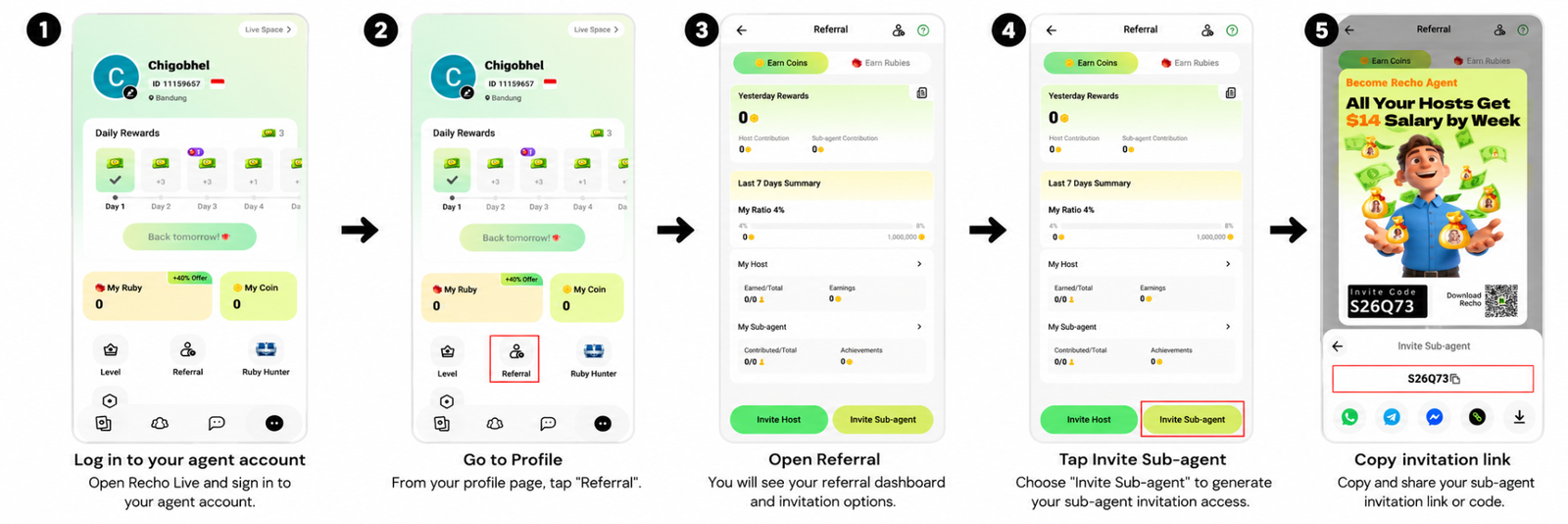Screenshot showing how to invite a sub-agent from the Recho Live agent profile menu