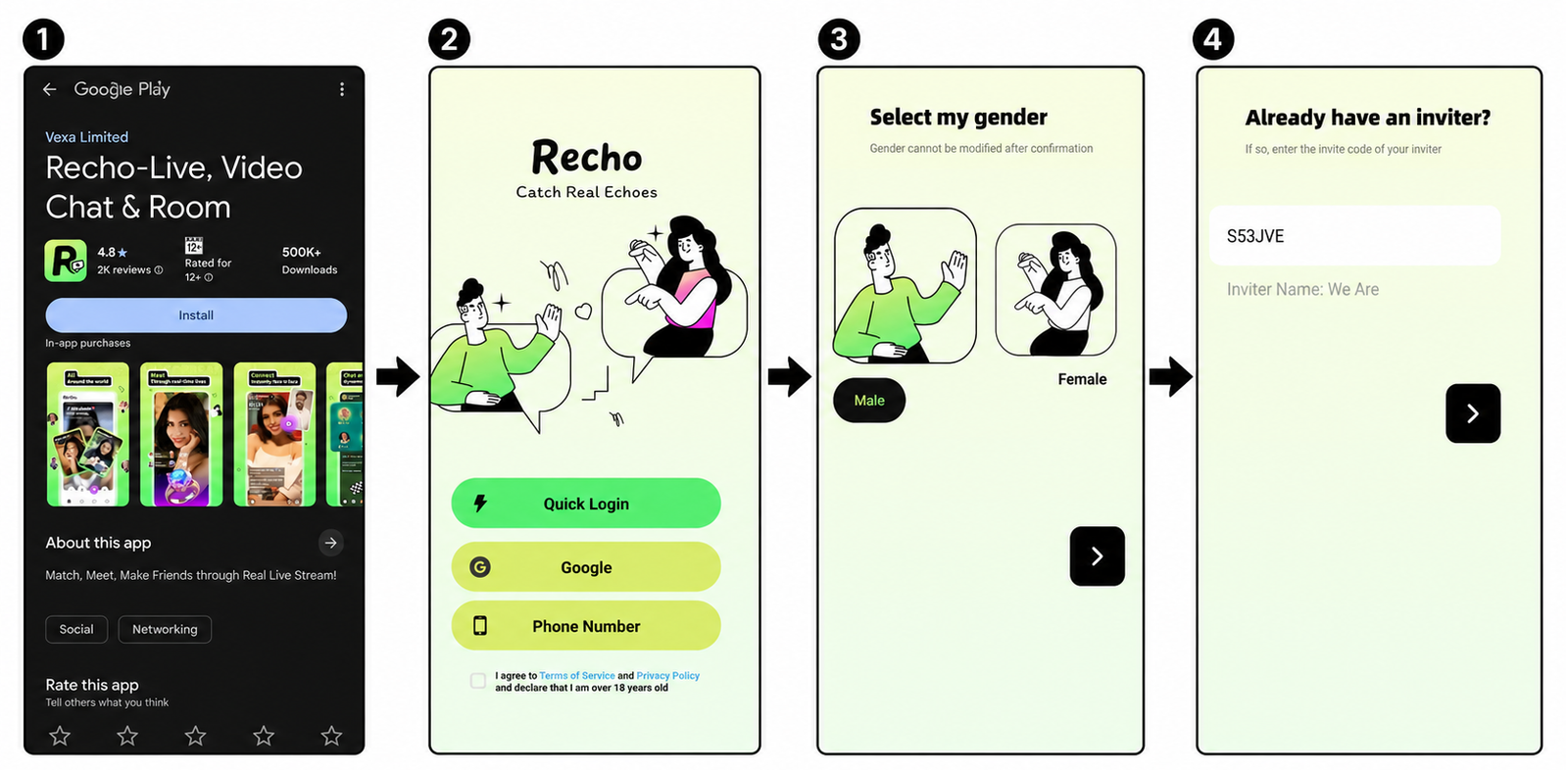 Step-by-step illustration showing how to register as a Recho Live agent inside the app