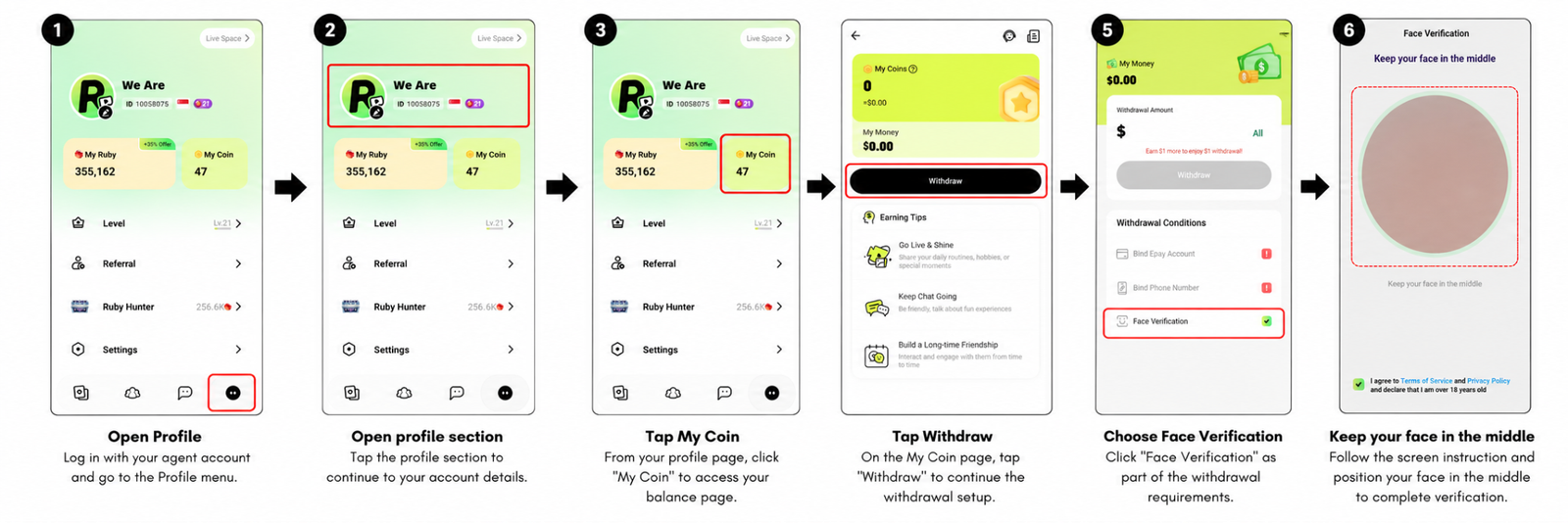 Screenshot showing the face verification steps inside the Recho Live agent profile